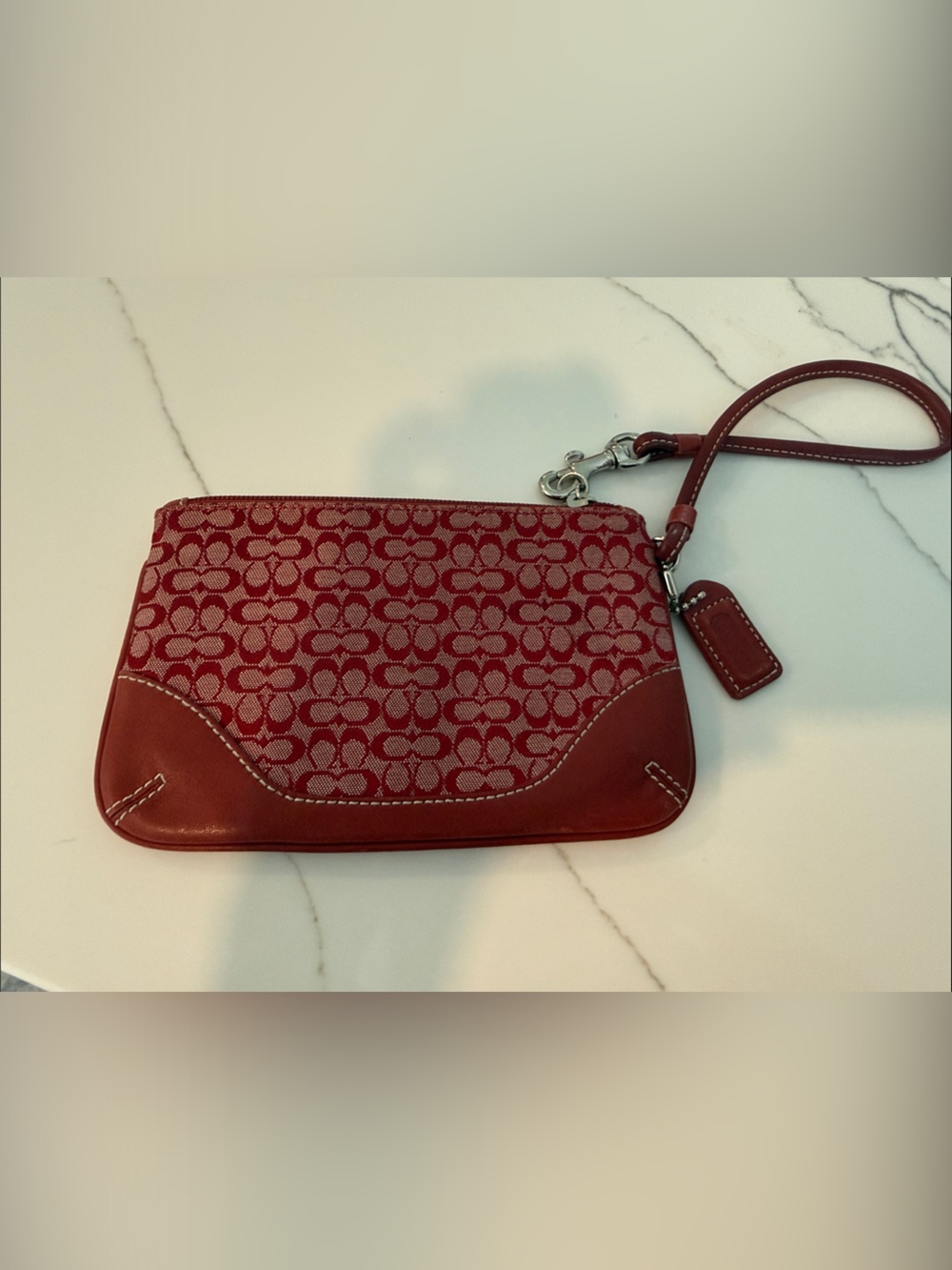 Coach Red Signature Jacquard Wristlet with Leather Trim and Strap